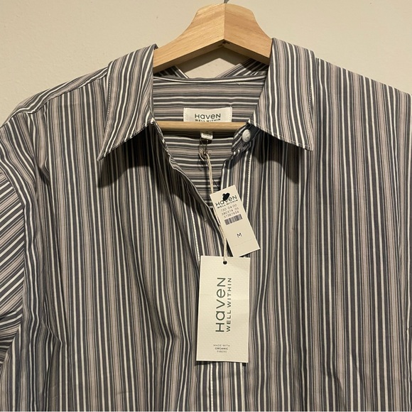 NWT Haven Organic Cotton Blue, White Poplin Buttondown Midi Dress, Size Medium - Picture 4 of 4